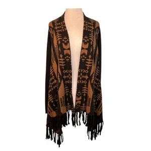 Rafaella Fringe Bohemian Print Cardigan Sweater Black Brown Knit Open Front PM‎